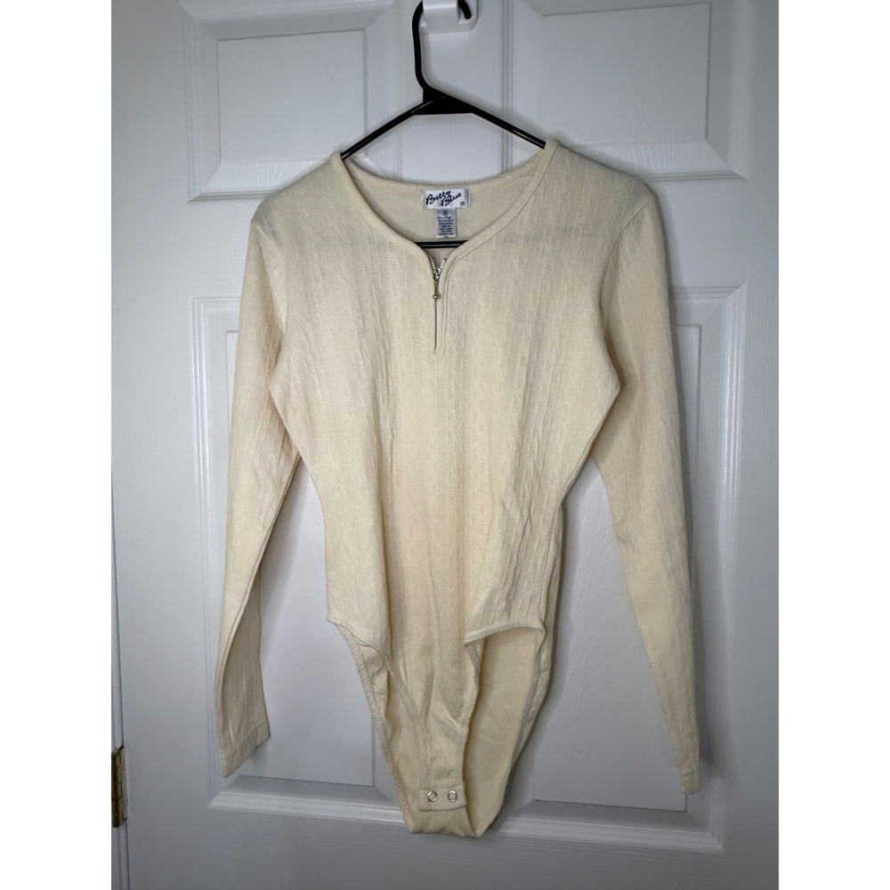 Betty Blue Bodysuit‎ Women M Cream Excellent Vintage Long Sleeve Zip Pointelle